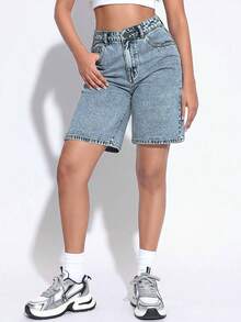 Quần short Bermuda cạp cao dành cho nữ, kiểu dáng rộng rãi, thời trang thường ngày. - Màu xanh lam - Xem 4