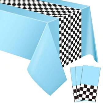 3 st rutiga dukar 54 x 108 tum svartvita rutiga ränder temafest landningsduk för motorsport födelsedagsfest dekorationer tillbehör racingfestgåva (himmelsblå)