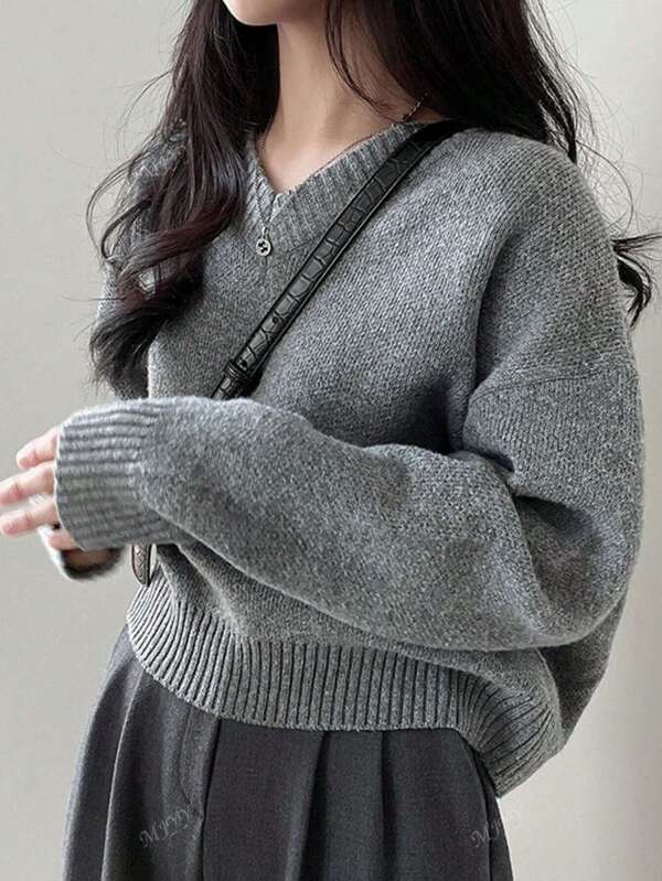 9 Colors Basic V-Neck Pullover Sweater, Long Sleeve Knitted Warm Top For Women