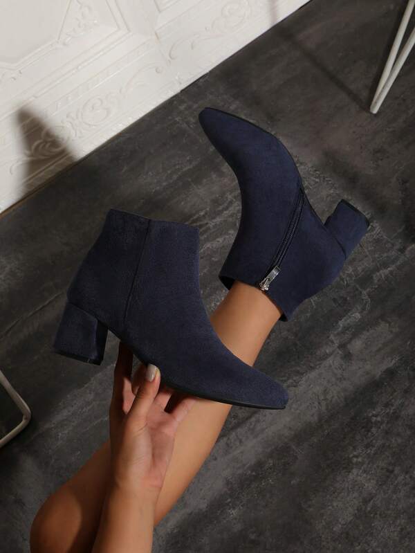 Fashionable Short Boots With Thick Heel, Suede Upper, Pointed Toe, Side Zipper Design Mid-Heel Ankle Boots, Sexy Casual Outdoor Activity, Fashion Party, Formal Occasion, Autumn/Winter