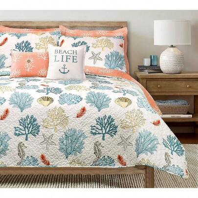 Decor Blue and Coral Coastal Reef - Juego de Cama Reversible de 7 Piezas con diseño de Conchas Marinas de Plumas, tamaño matrimonial Queen