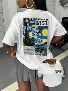 女士休闲T恤，致敬梵高名作《星夜》及1853数字图案，舒适百搭，适合春夏穿着，时尚圆领短袖印花T恤 - 白色 - 查看 7