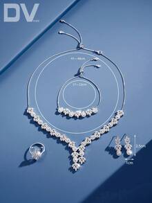 DV JEWELRY Bộ trang sức cao cấp 5 món - Dây chuyền, vòng tay, bông tai, nhẫn hở, đính đá Cubic Zirconia mạ bạch kim, bộ quà tặng cưới/kỷ niệm sang trọng kèm hộp quà. - Bạc - Xem 5