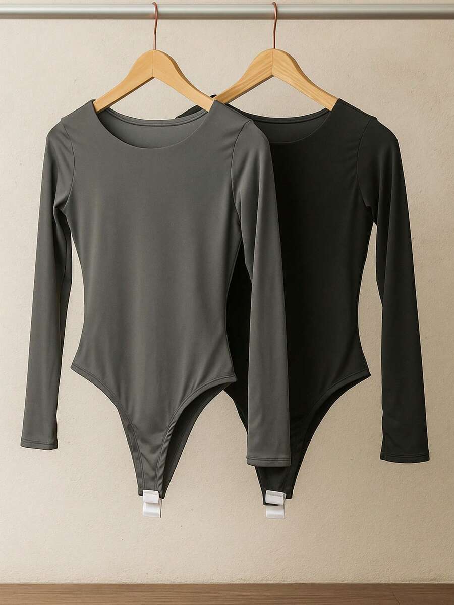 2 LONG SLEEVE BODYSUIT ROUND NECK COMFORT EVERYDAY BASIC BODYSUIT FEMININE CASUAL LOOK FIT LONG SLEEVE STYLE AND COMFORT EVERYDAY PLAIN Simple Casual - ĐEN XÁM - Xem 1