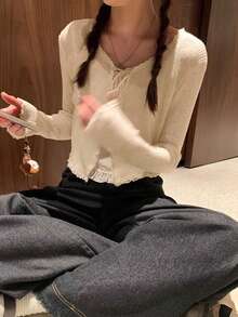 百搭浪漫花卉蕾丝V领系带短款女式开衫，2025年新款 - 杏色 - 查看 9