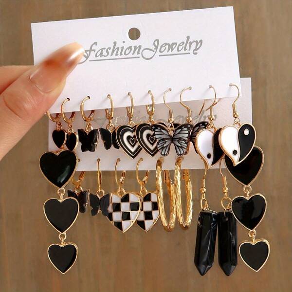 10 paires de boucles d'oreilles à anneaux décorées de cœur et de papillons style punk, cadeau mode Y2K pour femmes