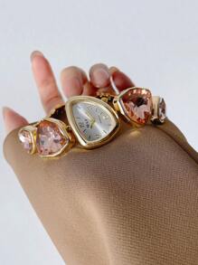 1pc New Casual Fashion Ladies' Bracelet Watch, Unique Design Dial Decorated With Crystals, Rhinestone Embellished Watchband, Alloy Quartz Watch, Gift As A Gift For Students Returning To School