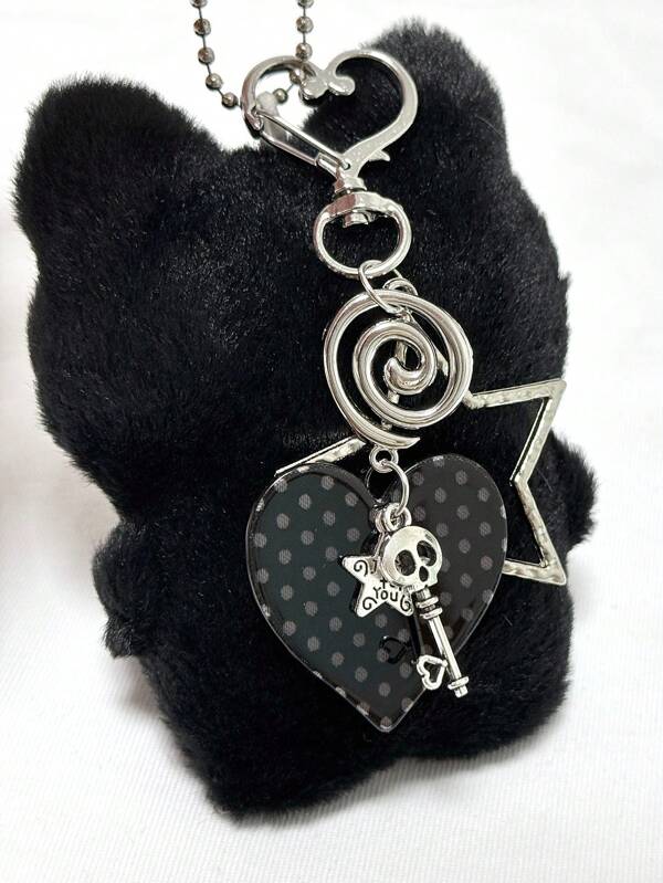 1 pieza Accesorio de llavero con colgante con estilo Showa hecho a mano, lindo, con lunares negros, corazones y remolinos de pentagramas, adecuado para uso diario de mujeres