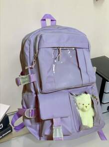 1PC Cute Kawaii Simple Solid Color Backpack Classic Basic Large Capcity School Bag New School Season Cute Cartoon Fashion Girl Backpack, Multi-Pocket Multi-Function Bear Pendant Is Very Suitable For Traveling And School Backpack, Suitable For Back To School Season,Large Capacity. Give Gifts To Friends, Back To School, School, Travel, Shopping, For Outdoor Daily Use.