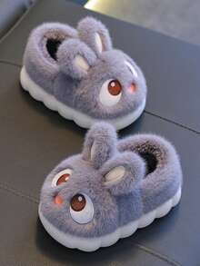1 Pair Plush Rabbit Ear Design Slippers With Soft Faux Fur Lining And Non-Slip Rubber Sole, Warm Indoor House Slippers For Toddlers And Kids - Grey - View 2