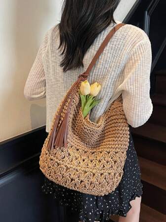 Women's Solid Color Woven Bag, Elegant Beach Crossbody Bag, Retro Hollow Out Tote, Ladies Straw Handbag, Creative Clip Mouth Street Fashion Shoulder Bag, Metal Chain Bag, Popular Dumpling Shaped Bag