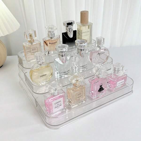 Organizzatore per trucchi a 3 ripiani in acrilico, supporto da bancone in plastica lucida, scatola portatile per conservazione di cosmetici, adatta per vanità, scrivania, cucina e bagno, senza necessità di elettricità