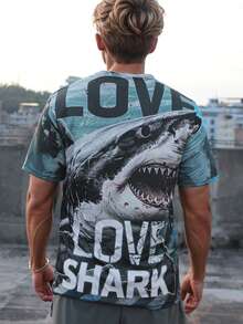 1 件男士运动短袖户外休闲度假圆领针织 T 恤，3D 鲨鱼数码印花，夏季街头跑步训练套头衫 - 彩色 - 查看 3