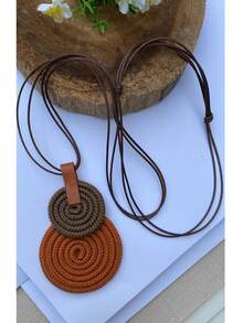Women's Long Necklace Color Handmade Mandal Pendant - 20.赤陶/山核桃 - 查看 2