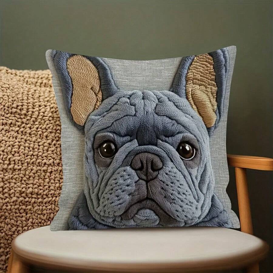 1pc French Bulldog Printed Pillow Case, 2D Embroidery-Like Graphic Throw Pillow Cover, 18x18 Inches, Soft & Comfortable, Machine Washable, Suitable For Decorating Living Room, Sofa, Bedroom, Pillow Insert Not Included - Multicolor - View 1