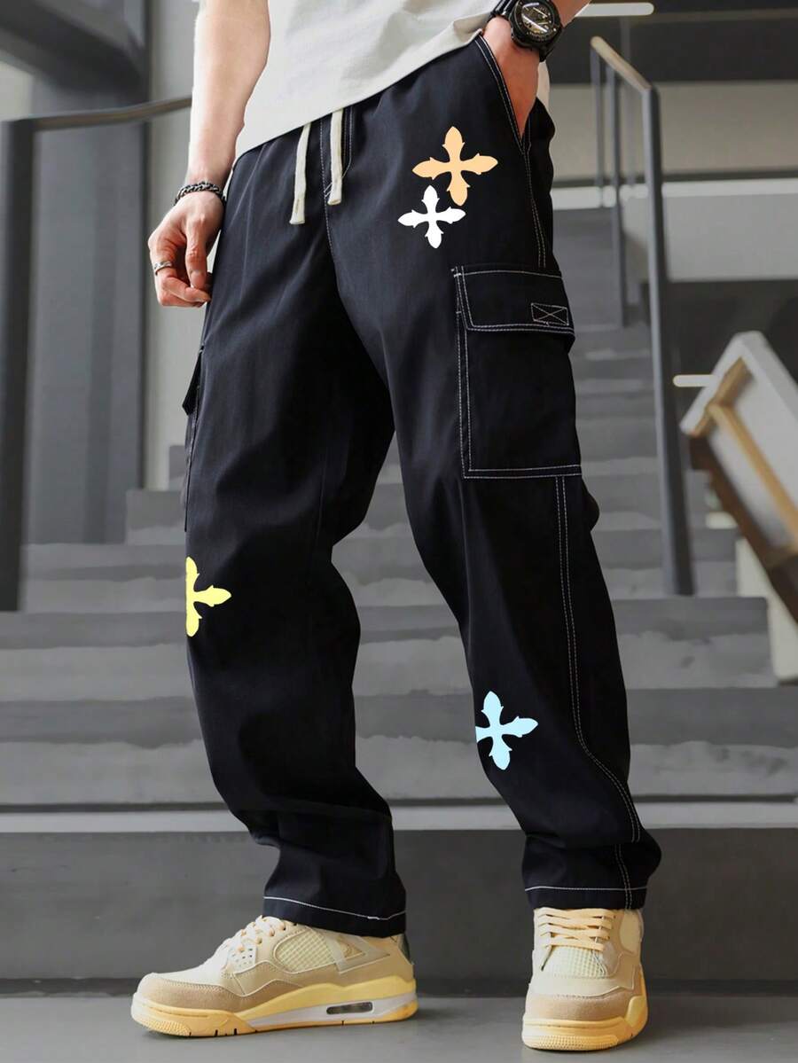 1 件男士多口袋工装裤，宽松版型，十字彩色印花设计，适合海滩、日常通勤、运动户外，休闲直筒裤，时尚街头服饰，送给男朋友/丈夫的礼物，纪念礼物
