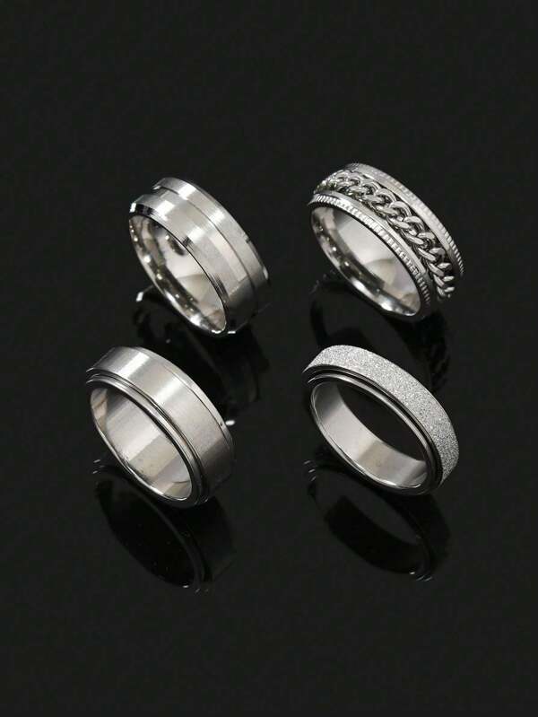 4pcs Fashion Stainless Steel Men's Single Ring Black Embossed Frosted Decoration Daily Wear