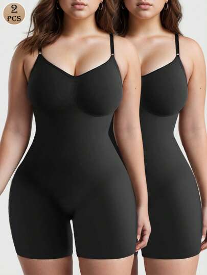 2pcs Women's Seamless Bodysuit Shapewear Black Bodysuit, Yoga, Daily Wear
