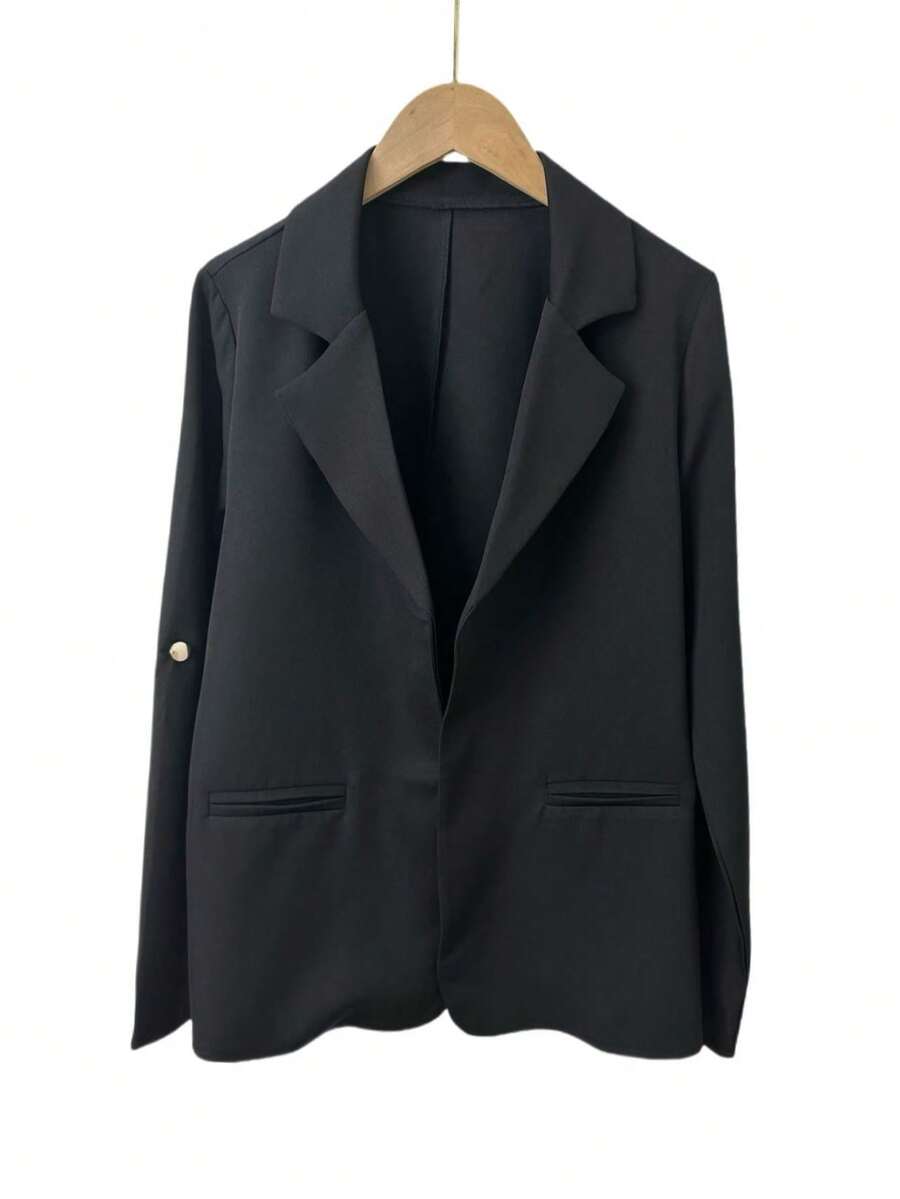 女士休闲都市通勤时尚简约商务办公室音乐会黑色单排扣七分袖西装外套，秋冬 - 黑色 - 查看 1