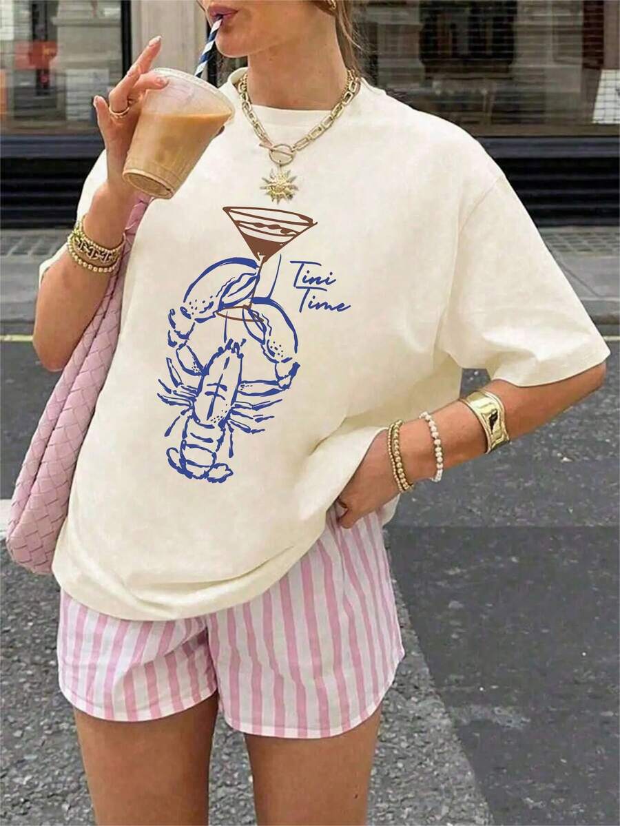 女士休闲龙虾和葡萄酒图案印花 T 恤，适合日常穿着、海滩度假、办公室和各种场合 - 杏色 - 查看 1