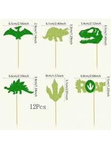 12/24Pcs Dinosaur Cupcake Toppers Green Glitter Roar Dinosaur Cupcake Toppers For Dinosaur Theme BB Shower Birthday Party Cake Decorations Supplies