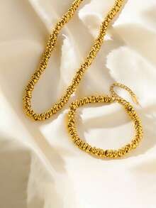 1 Bộ trang sức vòng cổ hạt vàng thép không gỉ + vòng tay, thích hợp làm quà tặng - Vàng - Xem 2