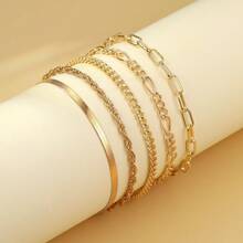 Set de 5 piezas de cadenas metálicas minimalistas de estilo bohemio europeo y americano hechas a mano, pulsera minimalista de multicapa apta para el uso diario de niñas