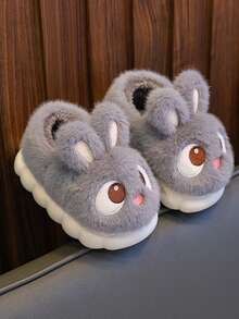 1 Pair Plush Rabbit Ear Design Slippers With Soft Faux Fur Lining And Non-Slip Rubber Sole, Warm Indoor House Slippers For Toddlers And Kids - Grey - View 3