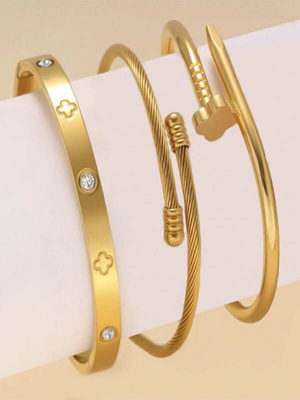 Set de 3 piezas de joyería con brazalete de acero inoxidable de alta calidad con trébol de circonita, brazalete de uña y brazalete abierto, adecuado para uso diario de hombres y mujeres