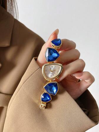 1pc New Casual Fashion Ladies' Bracelet Watch, Unique Design Dial Decorated With Crystals, Rhinestone Embellished Watchband, Alloy Quartz Watch, Gift As A Gift For Students Returning To School