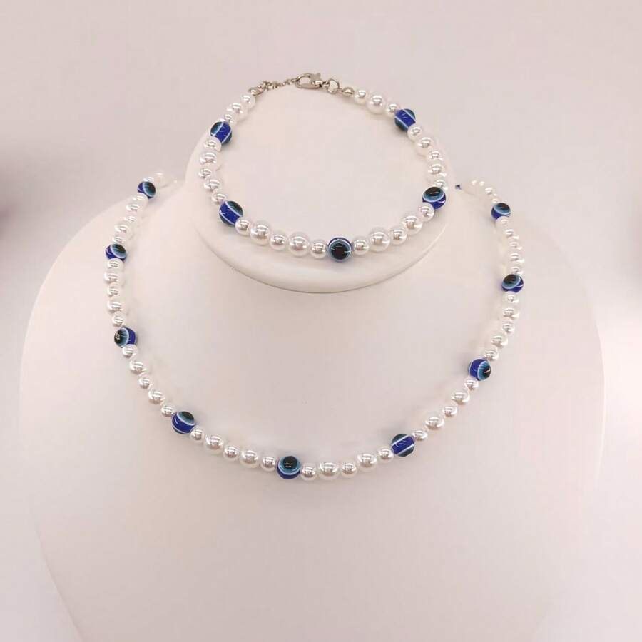 2件套不对称眼睛仿珍珠项链和手链套装