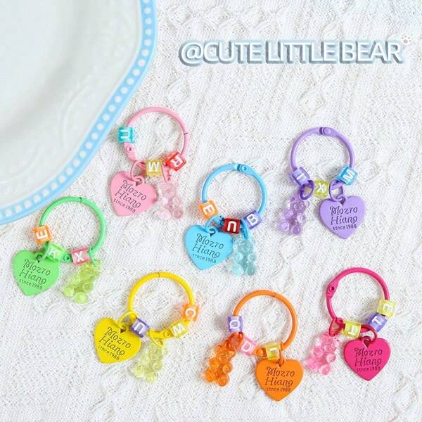 3pcs/6pcs/12pcs Transparent Bear & Heart Keychain Pendants, DIY Letter Bead Key Ring Accessories, Cute Bag Charms