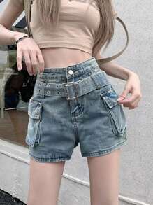 High Waist Solid Color Washed Casual Straight Leg Women Denim Shorts (With Belt)