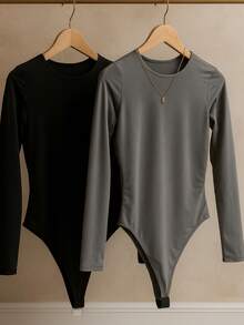 2 LONG SLEEVE BODYSUIT ROUND NECK COMFORT EVERYDAY BASIC BODYSUIT FEMININE CASUAL LOOK FIT LONG SLEEVE STYLE AND COMFORT EVERYDAY PLAIN Simple Casual - ĐEN XÁM - Xem 4