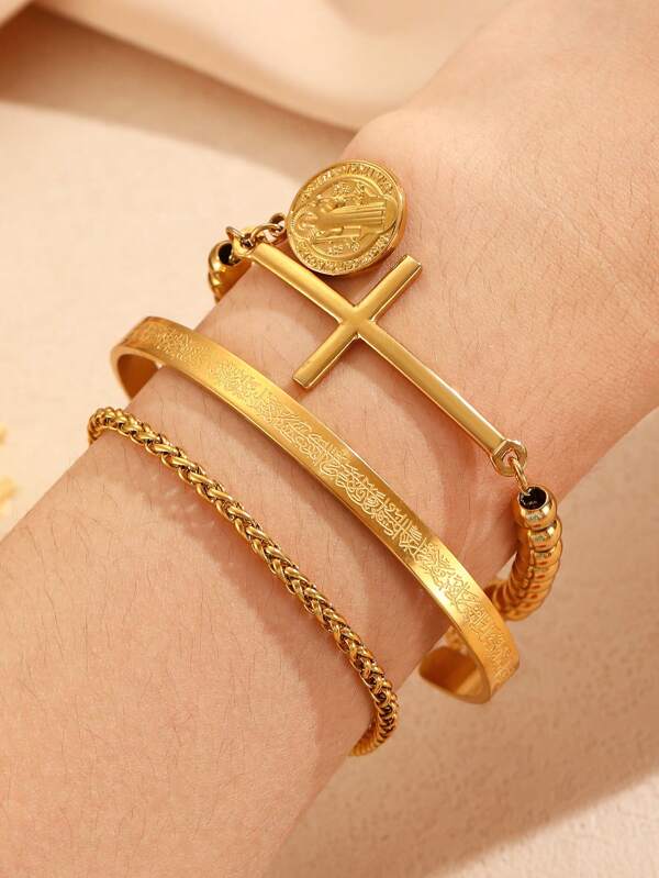 3pcs/Set Fashionable Gold Braided Chain Beaded Cross Pendant Bracelet Set, Suitable For Women's Daily Wear