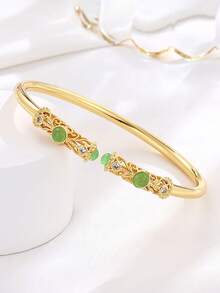 1pc Women Floral Bangle, Gold-Plated Open-End Hollow Hetian Jade Inlaid Chinese Style Bangle, Suitable For Daily Wear, Banquet, Party, Holidays Gift - Gold - View 5