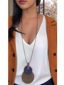 Women's Long Necklace Color Handmade Mandal Pendant - 16 山胡桃色/海軍藍圓點花紋 - 查看 1