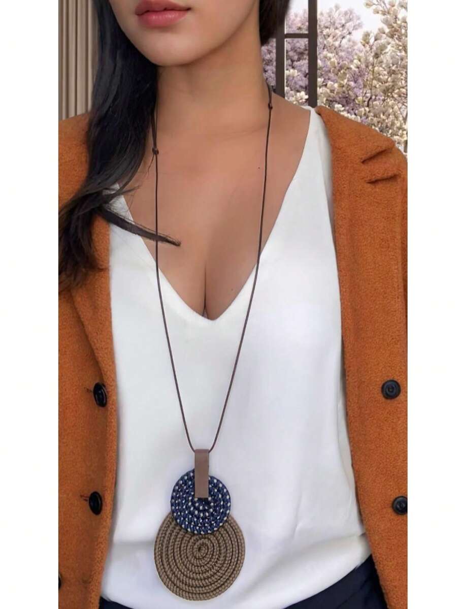 Women's Long Necklace Color Handmade Mandal Pendant - 16 山胡桃色/海軍藍圓點花紋 - 查看 1