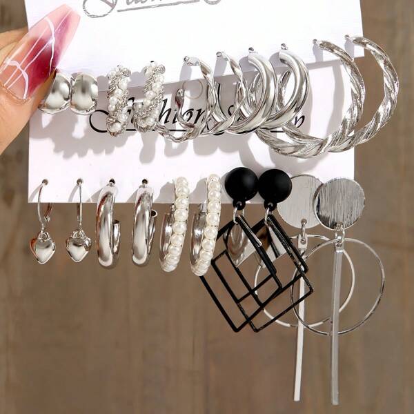20pcs Assorted Geometric & Pearl Wrapped Earrings (Varying Number Of Pearls)