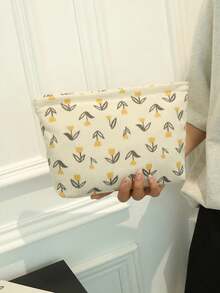 米色可爱黄色花朵图案灯芯绒化妆包手提包化妆包面料舒适大容量耐用便携式旅行收纳包带拉链洗漱包宿舍必备化妆工具化妆包女孩礼物旅行必备品假期暑假返校学校用品包女士旅行包旅行化妆包 - 彩色 - 查看 5