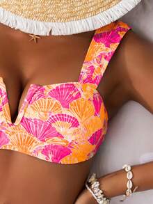 Women's Sexy Deep V Seashell Print Bikini Top And High Waist Slimming Triangle Bottom Bikini Set Set, Beachwear For Holiday
