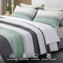 Bluish Botanical Quilt Set California King Size 3Pcs, Printed With Beige Leaves Pattern, All Season Lightweight Bedspread Coverlet, Luxury Comfort, Design (California King 112x104, Beige Botanical) - Mint Green - View 3