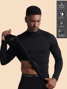 高弹速干压缩高领长袖男士塑身衣上衣，运动健身紧身衬衫 - 黑色 - 查看 2