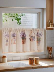 1pc Lavender Flower Pot Print Hanging Curtain, Countryside Style Lavender Printed Decorative Curtain Suitable For Kitchen Cabinet, Bay Window, Doorway, Room Divider, Home Decor - Purple - View 4