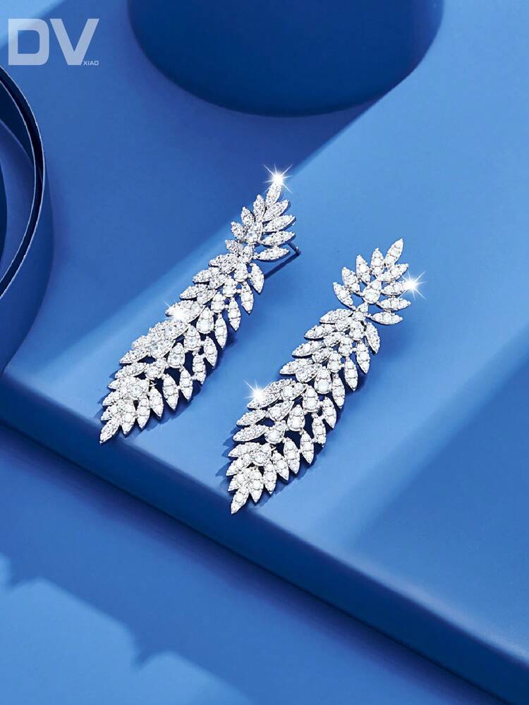 DV JEWELRY 1pair Artificial Zirconia Plated White Gold Luxurious Pendant Earrings For Women, Fancy Jewelry Set For Date, Wedding, Gift, Party, Anniversary, With Gift Box