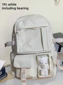 1PC Cute Kawaii Simple Solid Color Backpack Classic Basic Large Capcity School Bag New School Season Cute Cartoon Fashion Girl Backpack, Multi-Pocket Multi-Function Bear Pendant Is Very Suitable For Traveling And School Backpack, Suitable For Back To School Season,Large Capacity. Give Gifts To Friends, Back To School, School, Travel, Shopping, For Outdoor Daily Use.