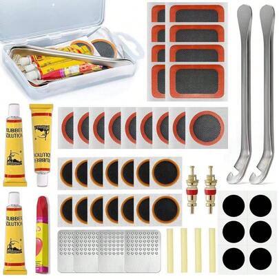 53 piezas Kit de herramientas de reparación de neumáticos de bicicleta de alta calidad: equipado con diversas herramientas que incluyen parches vulcanizados duraderos y discos de esmerilado de metal, repara punturas rápidamente, adecuado para todas las bicicletas incluyendo motocicletas, BMX, bicicletas de montaña, bicicletas de carretera (patrón aleatorio)