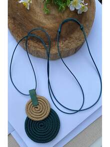 Women's Long Necklace Color Handmade Mandal Pendant - 26.Petroleum/Beige - View 2