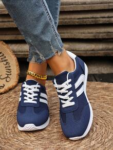 2025年秋季女士大码运动鞋，时尚拼色系带平底休闲运动鞋，舒适运动鞋 - 藍色 - 查看 3