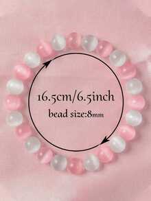 1pc Elegant & Cute Pink And White Cat Eye 8mm Beaded Bracelet, Adjustable For Women, Daily Accessory, Perfect Gift For Mother's Day Or Holidays